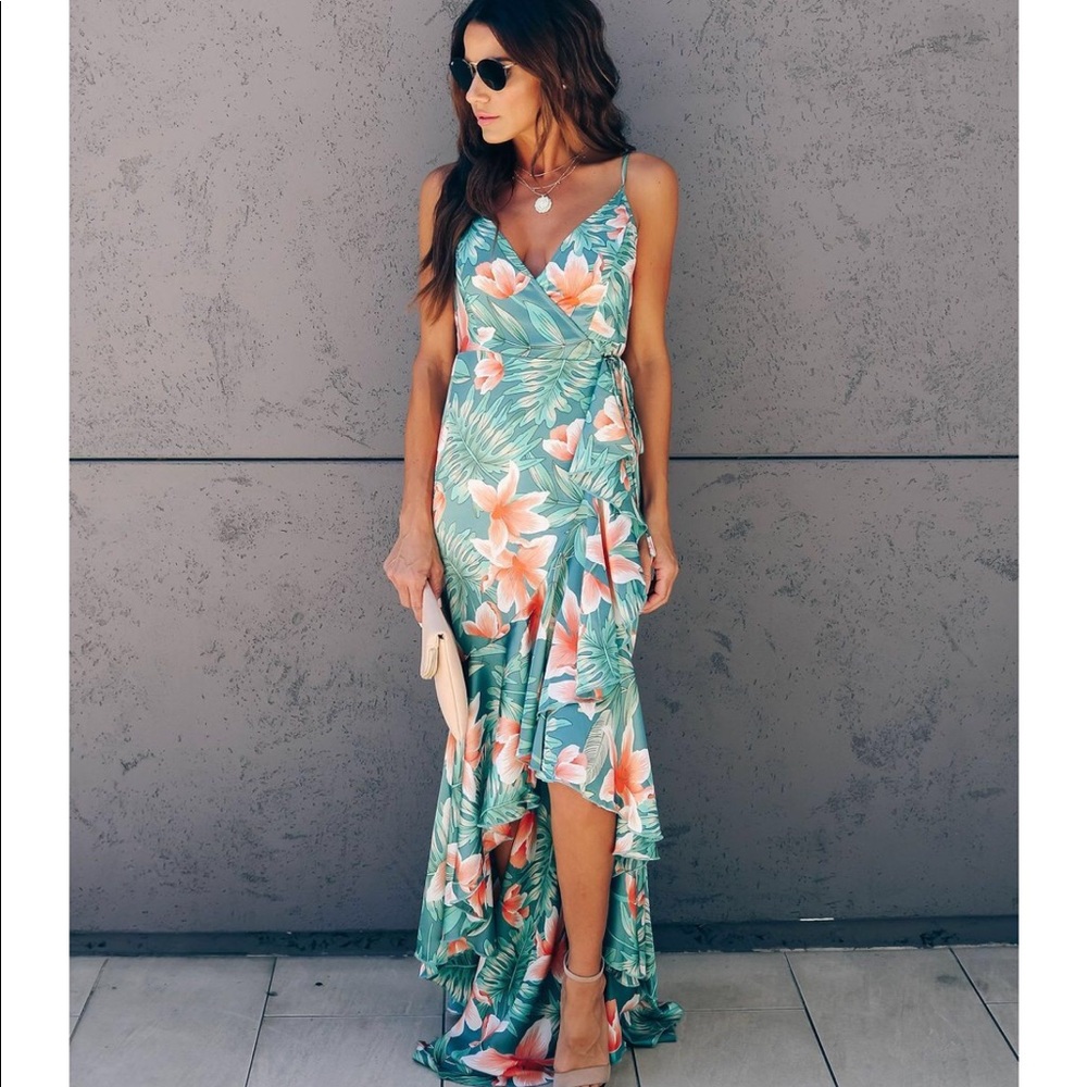 VICI Nikita Tiered Ruffle Wrap Tropical leaves mermaid maxi
